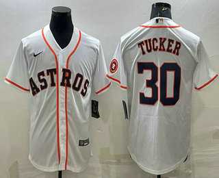 Men%27s Houston Astros #30 Kyle Tucker White With Patch Stitched MLB Cool Base Nike Jersey